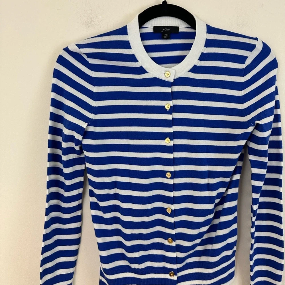 J. Crew Royal Blue & White Striped Button-Up Cardigan Cotton Blend Size XS